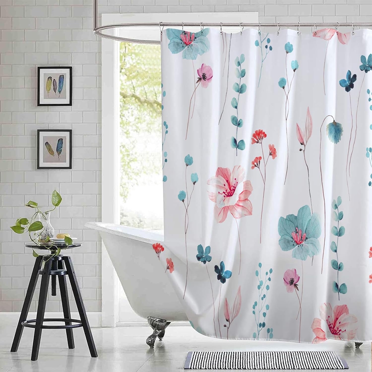Long 72x84in Shower Curtain,Teal and Blush Floral Shower Curtain,Cute