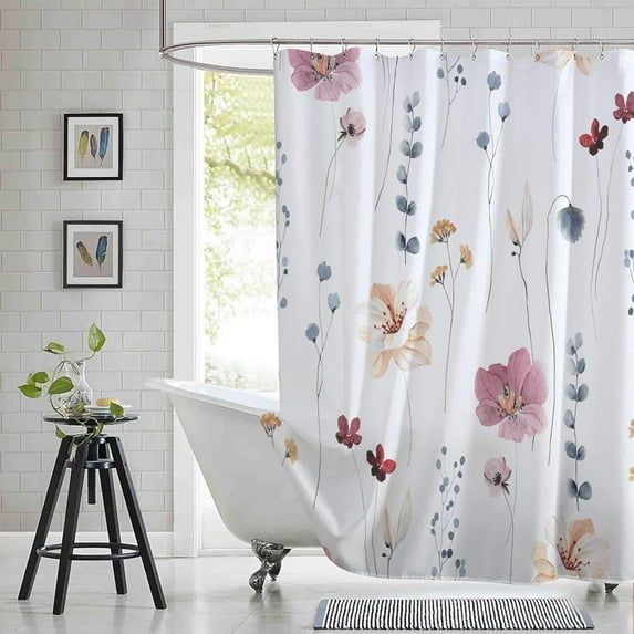 Long 72x84in Shower Curtain,Watercolor Floral Shower Curtain Sets,Coral Beige Flowers Bathroom Curtains,Modern Minimalist White Bath Curtain, Waterproof Fabric with Hooks