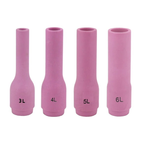 Long Alumina Nozzle Cups for TIG Welding Torches Series 9/20/25 with Standard Set-Up and 17/18/26 with Stubby Set-Up - Assorted Sizes: #3L to #6L - (4 PIECES)