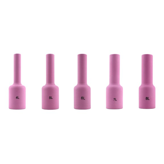 Long Alumina Nozzle Cups for TIG Welding Torches Series 17/18/26 with Gas Lens Set-Up - Assorted Sizes: #4L to #8L - (5 PIECES)