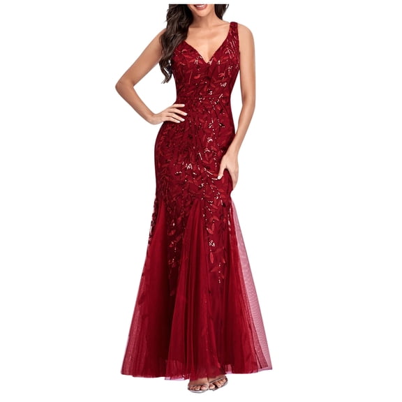 Long Ball Gowns for Women Sparkly Formal Chiffon Sequin Dress V Neck Prom Maxi Dress Bodycon Mermaid Evening Gowns
