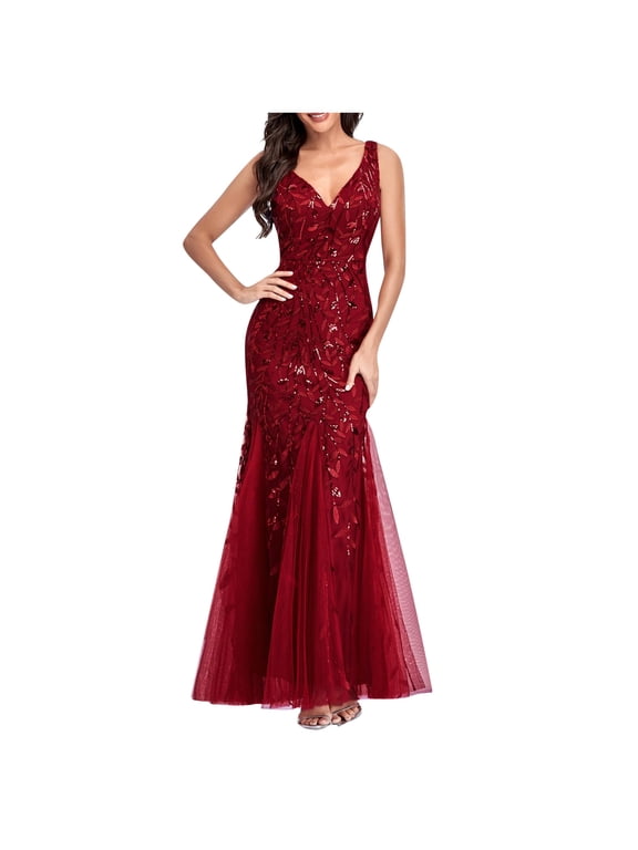 Long Ball Gowns for Women Sparkly Formal Chiffon Sequin Dress V Neck Prom Maxi Dress Bodycon Mermaid Evening Gowns