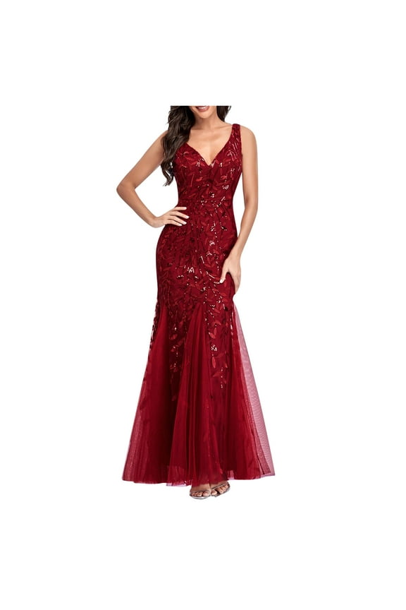 Long Ball Gowns for Women Sparkly Formal Chiffon Sequin Dress V Neck Prom Maxi Dress Bodycon Mermaid Evening Gowns