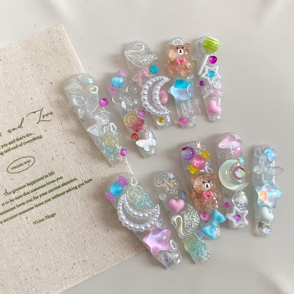 Long Ballet Press On Nails Transparent Glitter 3D Bear Y2K False Nails 24Pcs