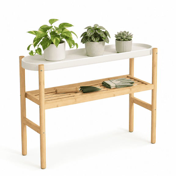 Bamboo Plant Stand Indoor, 2 Tier 47.5inch Narrow Plant Shelf for Multiple Plants