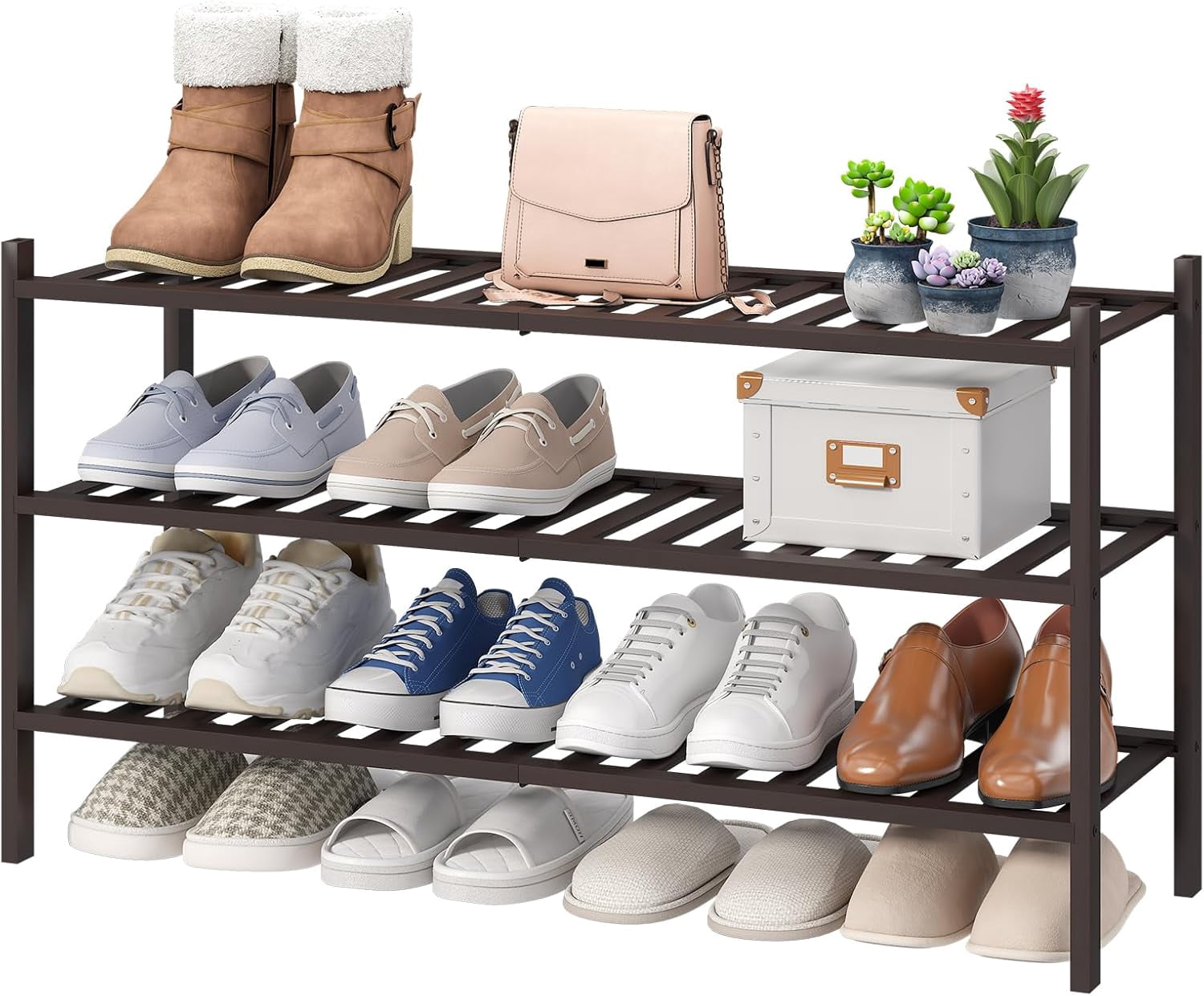 Long Bamboo Wood 3-Tier Stackable Shoe Rack Organizer for Closet