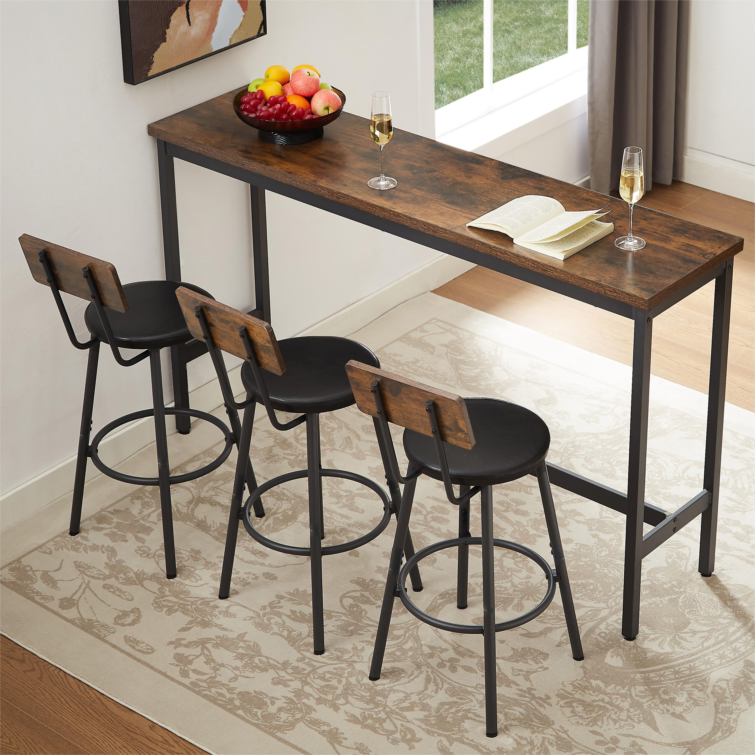 Mitinya Long Bar Table Set with 3 PU Upholstered Stools Industrial Bar Chairs for Kitchen Breakfast Table Living Room Banquet Hall Brown 63L X15.7 W x 37.5