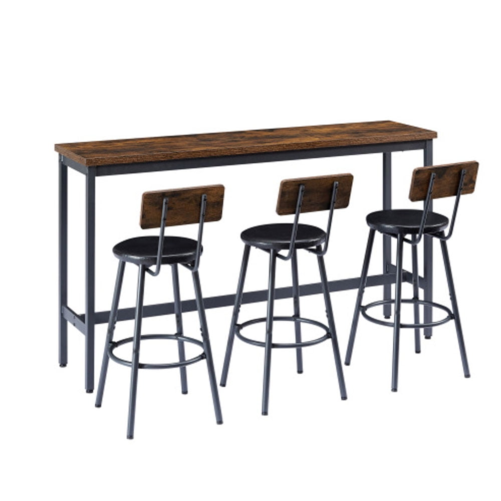Long Bar Table Set with 3 PU Upholstered Bar Stools, Industrial Bar Table and Chairs Rustic