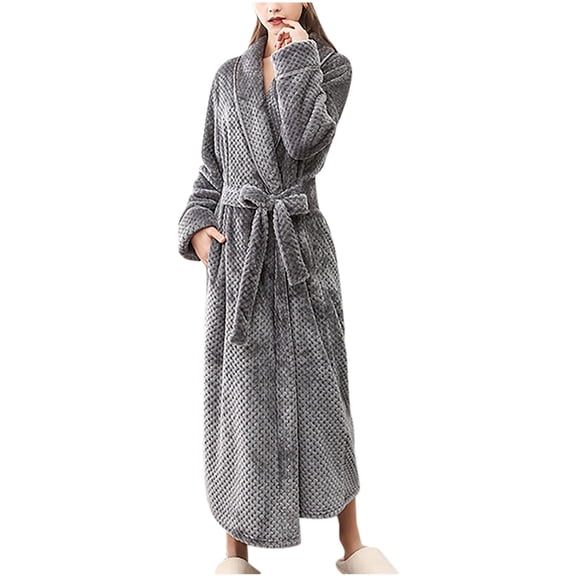 Long Bath Robe for Womens, Unisex Soft Fleece Bathrobes Nightgown, Ladies Pajamas Winter Warm Robes Housecoat with Pockets Gray 3XL