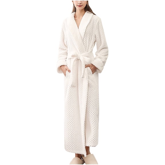 Long Bath Robe for Womens, Unisex Soft Fleece Bathrobes Nightgown, Ladies Pajamas Winter Warm Robes Housecoat with Pockets White 3XL