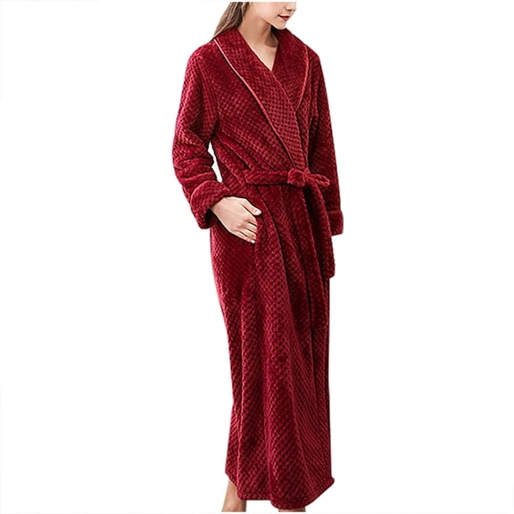 Long Bath Robe for Womens, Unisex Soft Fleece Bathrobes Nightgown, Ladies Pajamas Winter Warm Robes Housecoat with Pockets Wine M
