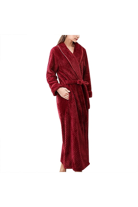 Long Bath Robe for Womens, Unisex Soft Fleece Bathrobes Nightgown, Ladies Pajamas Winter Warm Robes Housecoat with Pockets Wine XL
