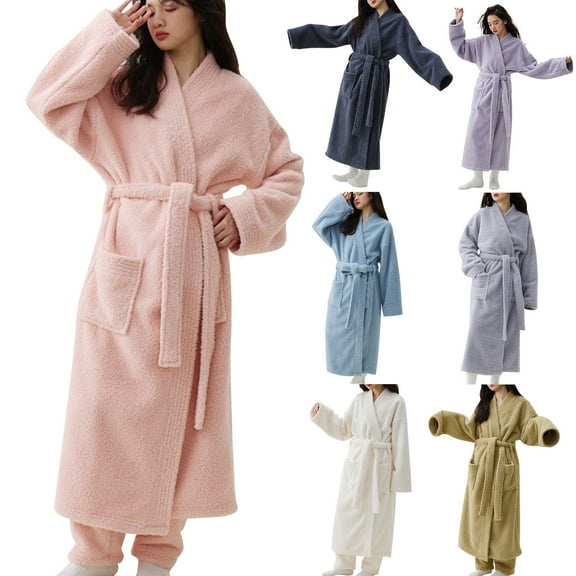 Long Bathrobe for Women Winter Fleece Robe Belted Pockets Wrap V-Neck Long Sleeve Soft Cozy Warm Bathrobes Sleepwear