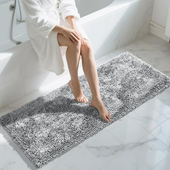 Long Bathroom Rugs Runner 60x24 Inch, Extra Thick Soft Absorbent Chenille Bath Mat, Non Slip Machine Washable, Quick Dry Bath Rugs for Bathroom Floor, Tub and Shower, Light Grey