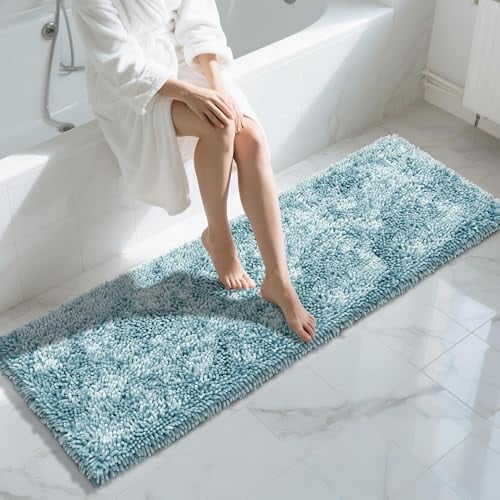 Long Bathroom Rugs Runner 70x24 Inch, Extra Thick Soft Absorbent Chenille Bath Mat, Non Slip Machine Washable, Quick Dry Bath Rugs for Bathroom Floor, Tub and Shower, Greyish Blue