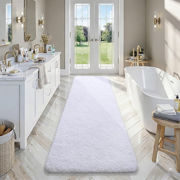Long Bathroom Runner Rug 24x84 Inch Thick Soft Absorbent Microfiber Non Slip with Rubber Backing Quick Dry Washable Plush Mat White
