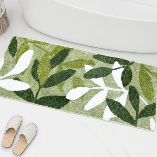 Long Bathroom Runner Rug- Sage Green Leaf Bath Mat Strong Water Absorbent Bathroom Mats with Non Slip Back for Wash Basin Bathtub Shower Bedroom Floor 17.5 x 47 in