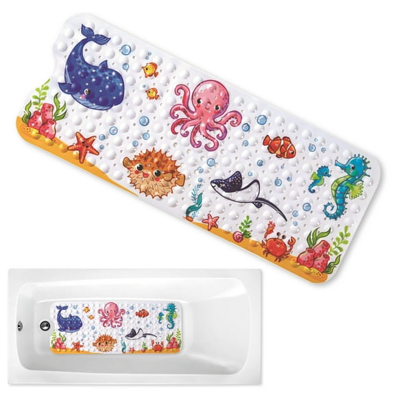 Long Bathtub Mat for Tub for Kids, Extra Bath Mat Non Slip with Suction Cups and Drain Holes, 39 x 15 Inches Machine Washable Shower Mat for Bathroom Wet Floor Kids Women (Seahorse)