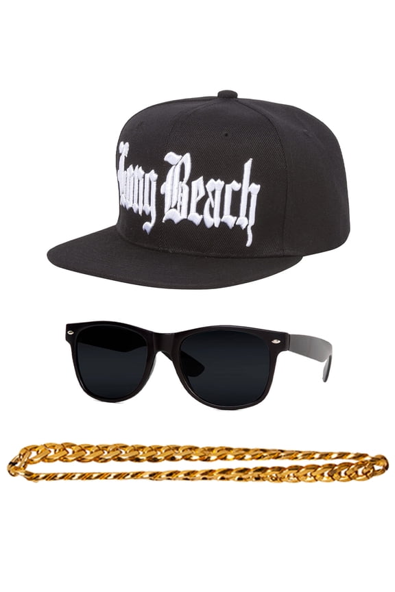 Long Beach 80s Rapper Costume Kit Flat Bill Adjustable Cap w/ Sunglasses and Gold Chain