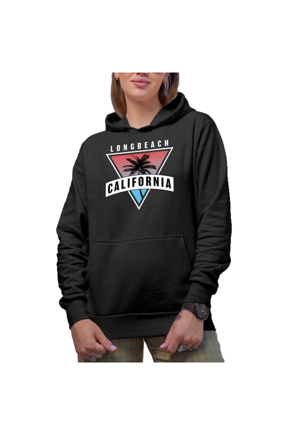 Long Beach California with a Palm Tree, Black Hooded Sweatshirt or Hoodie, 3XL