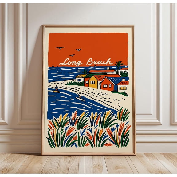 Long Beach Coastal Seaside Cottage Print Ocean Wall Art, Unframed Paper Print