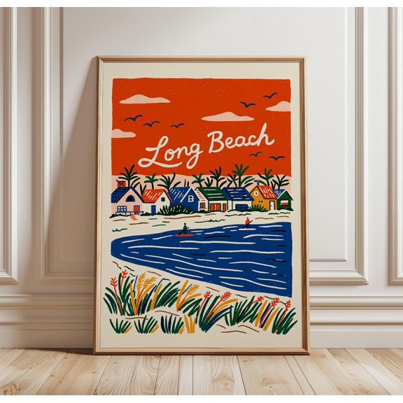Long Beach Coastal Seaside Cottage Print Ocean Wall Art, Unframed Paper Print