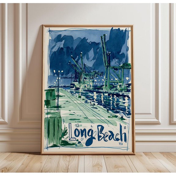Long Beach Harbour Blue Green Travel Print Coastal Wall Art, Unframed Paper Print