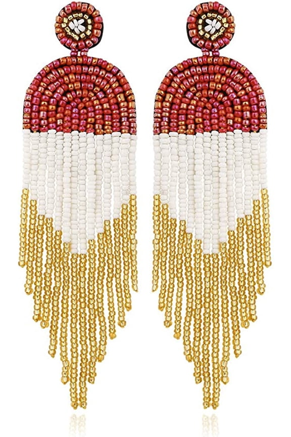 Long Beaded Tassel Earrings – Big Boho Native Handmade Bead Dangle Earrings for Women, Bohemian Large Statement Beaded Drop Fringe Earrings