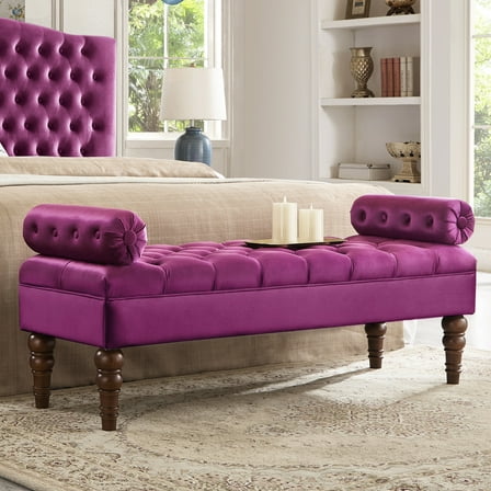 Long Bench For Bedroom - Velvet Upholstery Wood Construction Violet Upholstered Design