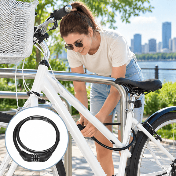Long Bike Cable Lock with 4-Digit Resettable Combination, Heavy Duty Anti-Theft Steel Wire Bicycle Lock for Mountain, Road, E-Bikes, Scooters, Black