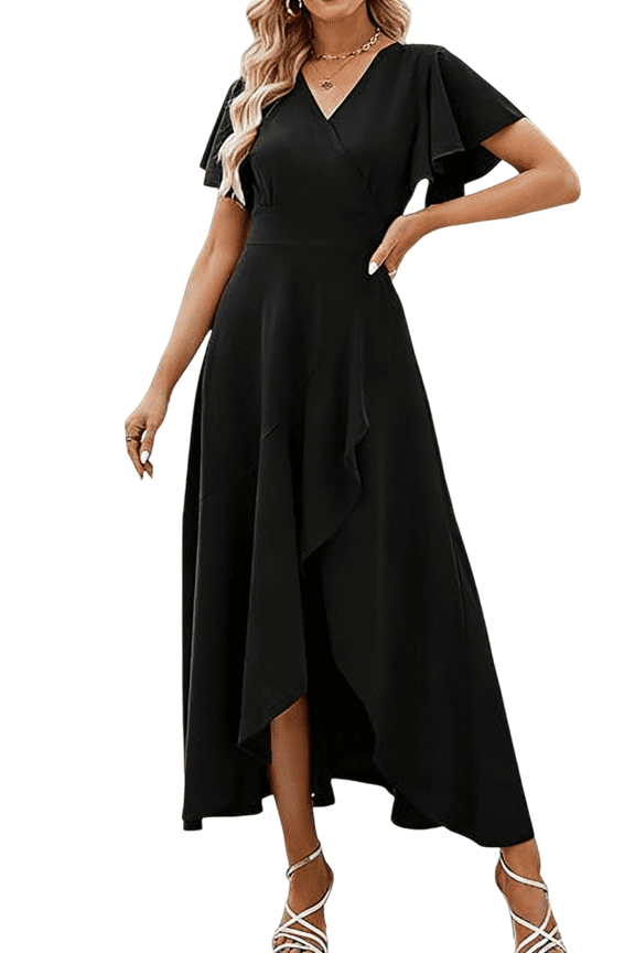 Long Black Formal Dresses for Women Gowns Evening Party Cocktail Dress,Split Elegant V Neck Wrap Ruffle Wedding Guest Dresses