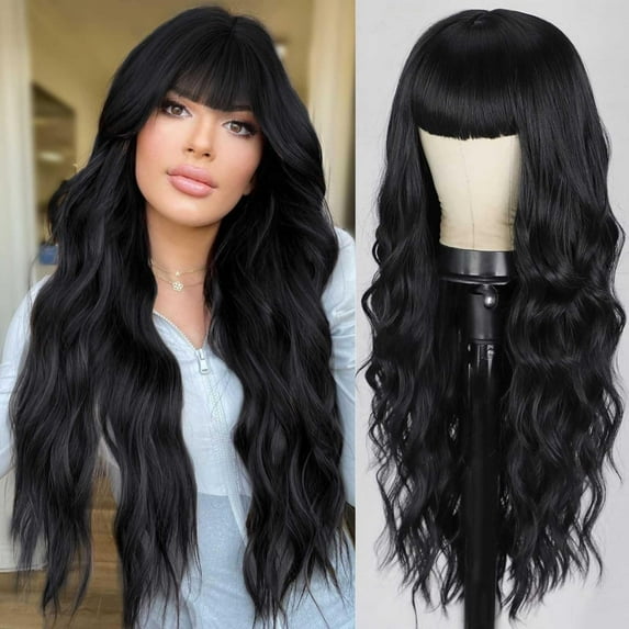 Long Black Highlights Ombre Wig with Bangs, Dark Roots for Women Wavy Curly Natural Looking Heat Resistant Synthetic Fiber Wigs, Black, 10.9oz, 26inch
