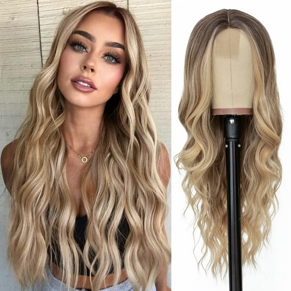 Long Black Mixed Blonde Wavy Wig - 26 Inch, Synthetic Heat Fiber, Middle Part, Adjustable Cap, Realistic, for Daily Wear, Parties, Halloween, Christmas Wedding, Halloween, Christmas,Season, Annivers