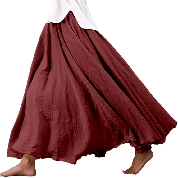 Long Black Skirts for Women Front Slit Color Block Breathable Flowy Elastic Waisted Casual Pleated Skirts with Pockets