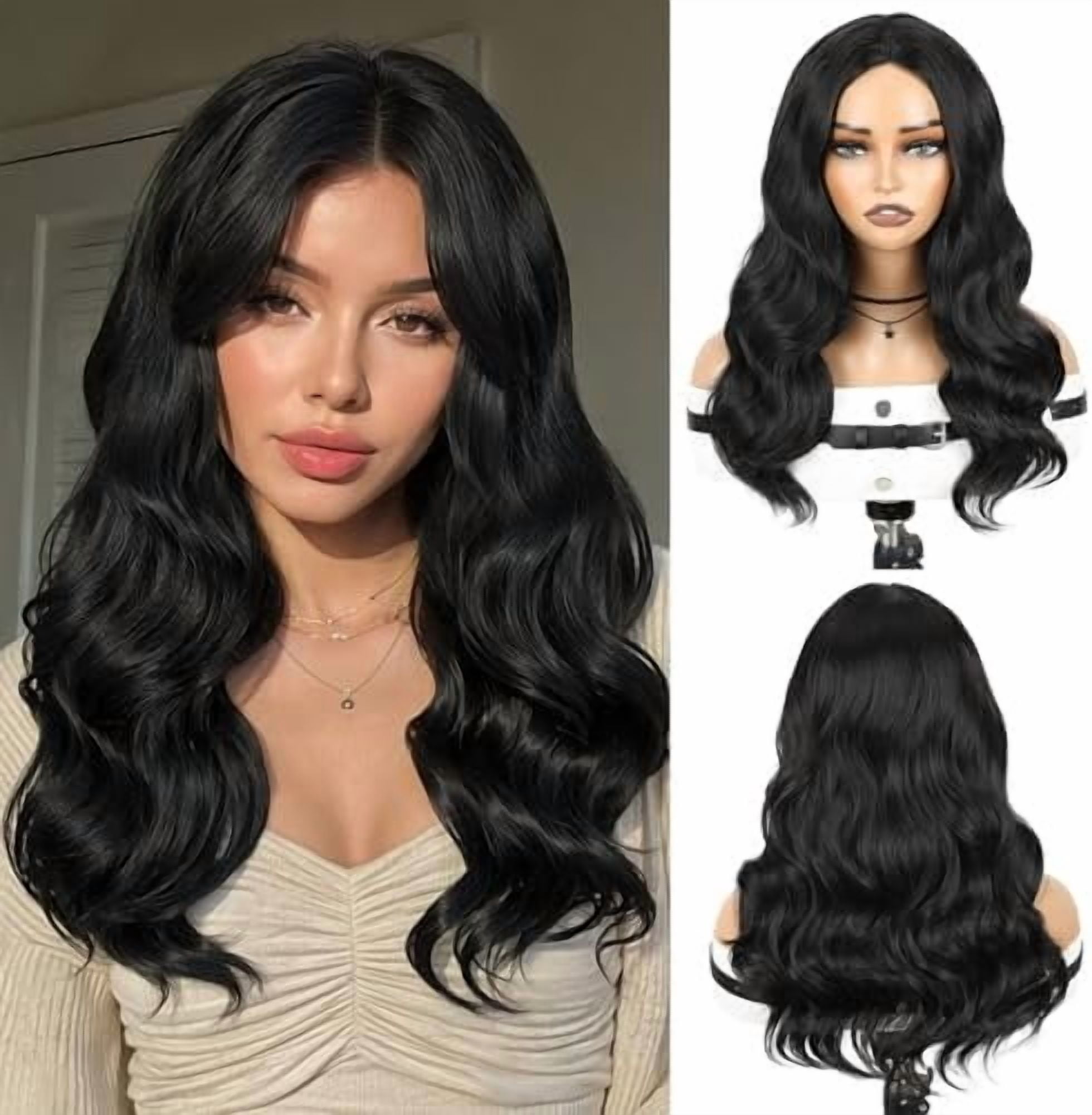 Long Black Wavy Wigs for Women Pre Cut Simulated Lace Wavy Wigs Curly Wig with Middle Part Synthetic 18 Inch  Looking Wig for Daily Party Use
