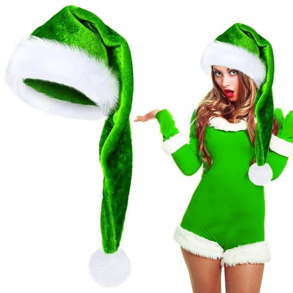 Long Black and White Santa Hat with Plush Brim and Liner for Adults Men Women Christmas Hat Party Supplies & Gift,（Green)
