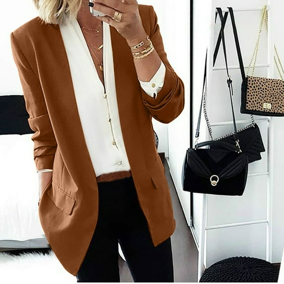 Long Blazer for Women Lapel Collar Open Front Blazer Jacket Solid Color Long Sleeve Outwears Business Work Coat