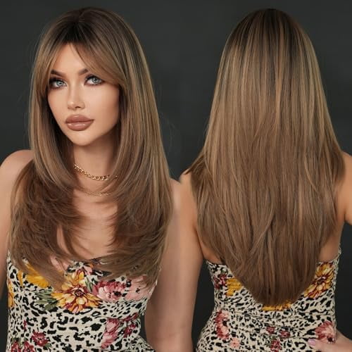 Long Blonde Brown Highlight Wig with Bangs for Women Heat Resistant Fiber 25 Inch Layered Synthetic Hair with Dark Roots for Daily Use