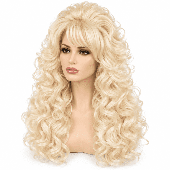 Long Blonde Curly Wig with Bangs for Women Retro Country Diva Costume Wig | Big Blonde Country Singer Look with 24" Curls, High Crown Volume and Bangs for 60s 70s 80s Costume
