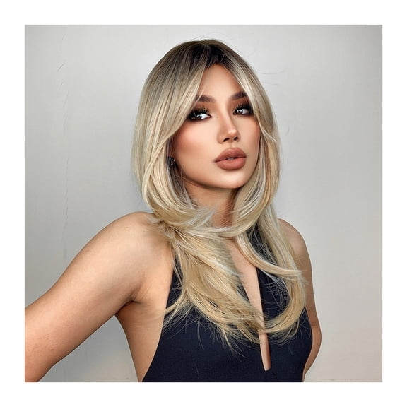 Long Blonde Golden Straight Synthetic Wigs for Women Mid-Length Natural Layered Hair Wig Side Bangs Daily Cosplay Heat Resistant