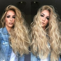 Long Blonde Highlights Wavy Wigs,Dark Roots Ombre Multicolor Wig,Natural Fluffy Shaggy Layered,Wavy Women Fiber Parting Gold Curly Wig Hair Brazilian Long High Temperature Wig,Gold,11.3oz,17in