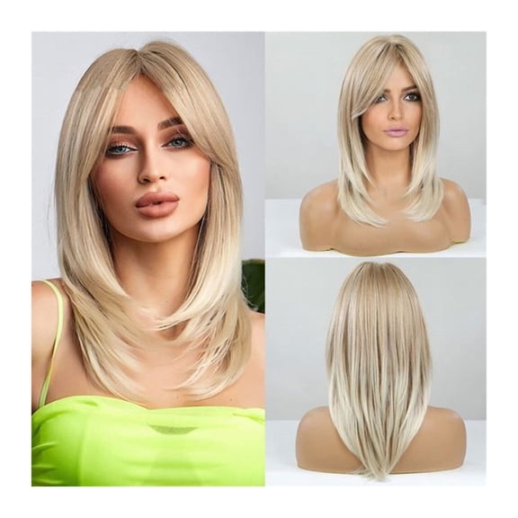 Long Blonde Layered Wigs for Women Synthetic Wig with Bangs Natural Looking Straight High Temperature Hair for Daily