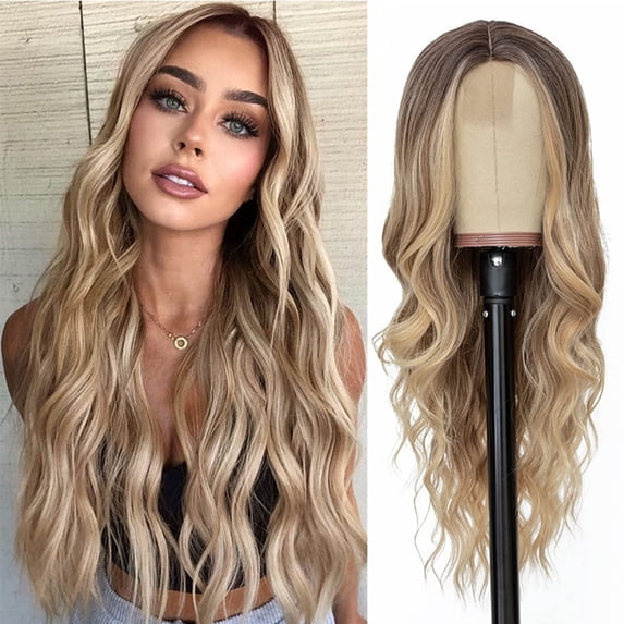 Long Blonde Wavy Wig for Women - Natural Looking Synthetic Lace Wig Middle Part Curly 26 Inch High Temperature Fiber Hair for Daily and Party Use