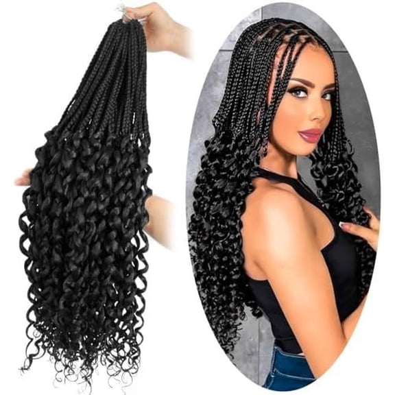 Long Boho Box Braids Crochet Hair 18 Inch 8 Packs Pre Looped Braiding Hair with Curly Ends (1B, Black)