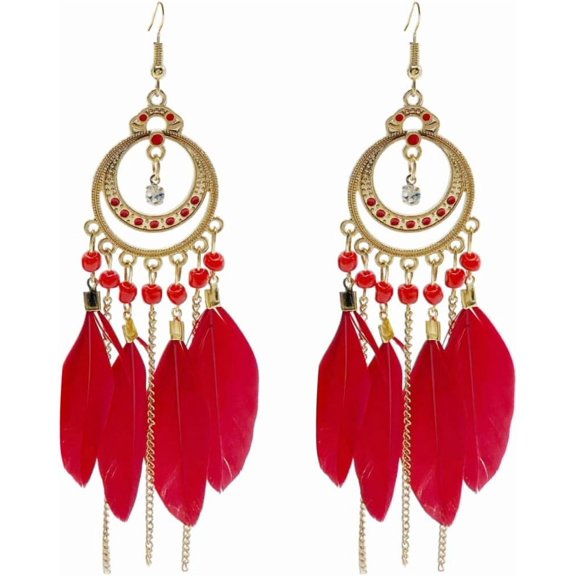 Long Boho CZ Feather Dangle Drop Earrings for Women Gold-Toned Enamel Round Turquoise Beaded Fringe Tassel Dangling Statement Studs Earring Lightweight Link Piercing Fish Hook Bohemian Ethnic Jewelry