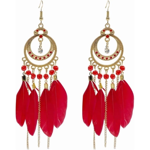 Long Boho CZ Feather Dangle Drop Earrings for Women Gold-Toned Enamel Round Turquoise Beaded Fringe Tassel Dangling Statement Studs Earring Lightweight Link Piercing Fish Hook Bohemian Ethnic Jewelry
