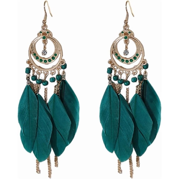 Long Boho CZ Feather Dangle Drop Earrings for Women Gold-Toned Enamel Round Turquoise Beaded Fringe Tassel Dangling Statement Studs Earring Lightweight Link Piercing Fish Hook Bohemian Ethnic Jewelry