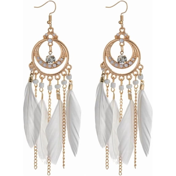 Long Boho CZ Feather Dangle Drop Earrings for Women Gold-Toned Enamel Round Turquoise Beaded Fringe Tassel Dangling Statement Studs Earring Lightweight Link Piercing Fish Hook Bohemian Ethnic Jewelry