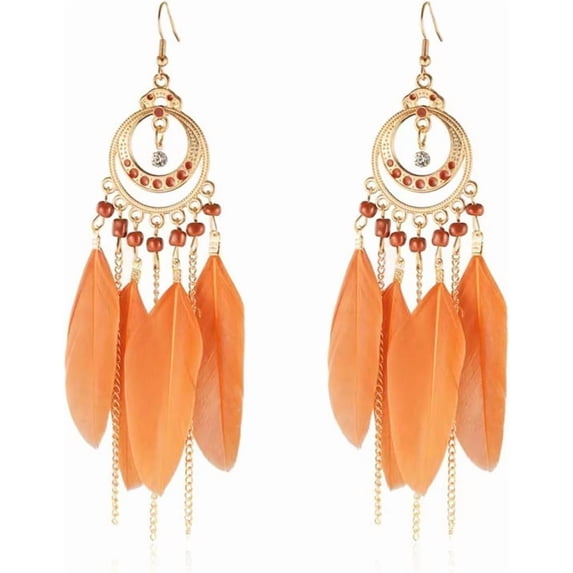 Long Boho CZ Feather Dangle Drop Earrings for Women Gold-Toned Enamel Round Turquoise Beaded Fringe Tassel Dangling Statement Studs Earring Lightweight Link Piercing Fish Hook Bohemian Ethnic Jewelry