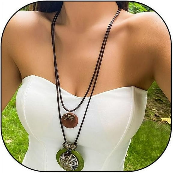 Long Boho Necklaces for Women Stacking Leather Cord Wooden Disc Pendant Necklaces Choker Vintage Adjustable Trendy Necklace Jewelry Gift